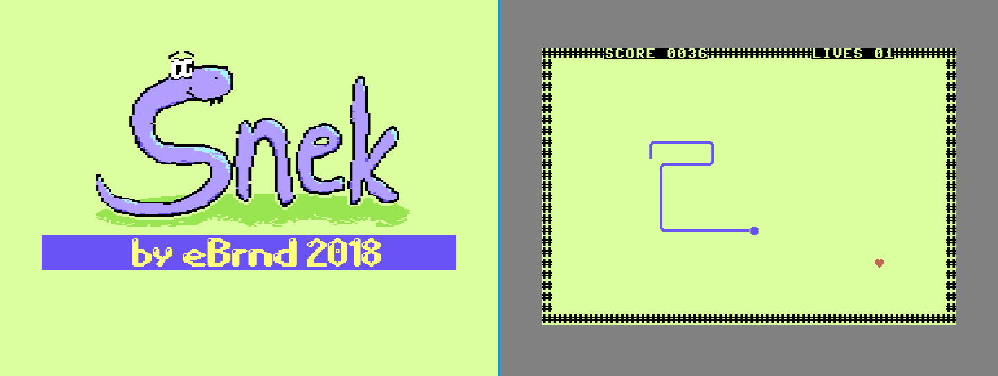 Screenshots of "Snek", a snake-like game on the C64