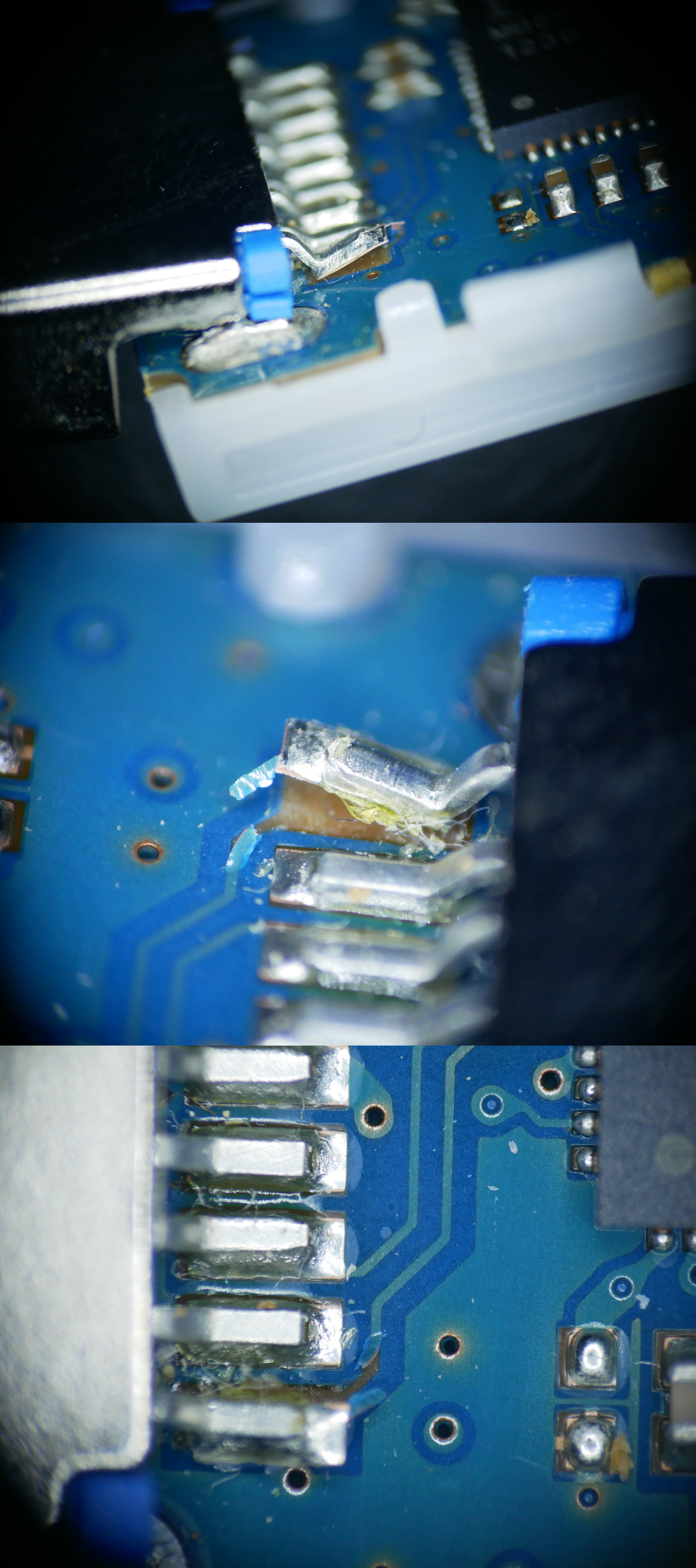 Close up of the damage - bent solder pin of the USB plug with track lifted off the board